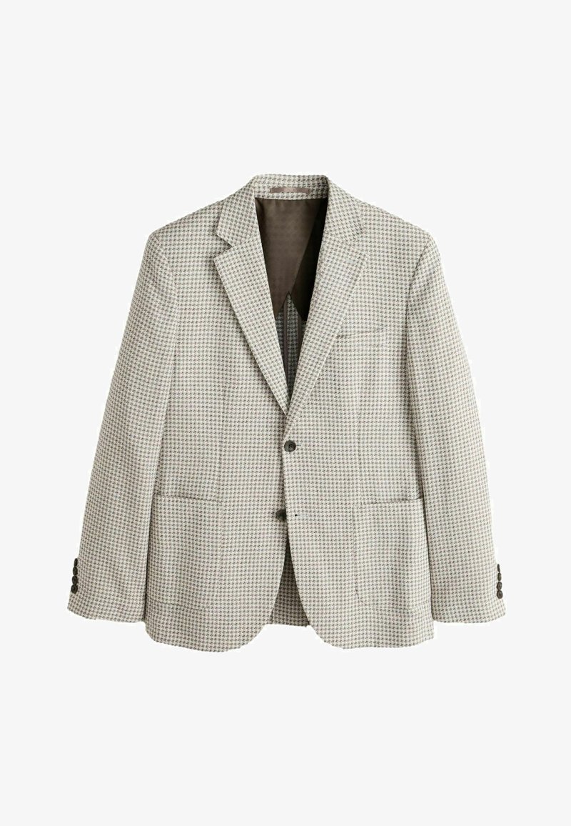 Blazer pour homme beige et marron à motif pied-de-poule, avec revers crantés, fermeture à deux boutons et poches à rabat, présenté sur fond blanc.