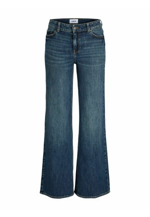 Blå denim jeans med høj talje, vide ben, lukning foran med knapper og lynlås samt design med fem lommer.