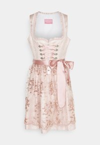 Robe dirndl en rose pâle avec un corsage en dentelle, un ruban en satin, des détails floraux brodés et une jupe fluide en voile. Ceinture incluse.