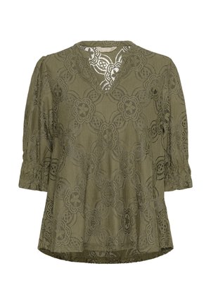 Olivegroene kanten blouse met pofmouwen, V-hals, ingewikkeld bloemmotief en gegolfde zoom. Lichtgewicht, gestructureerde stof.