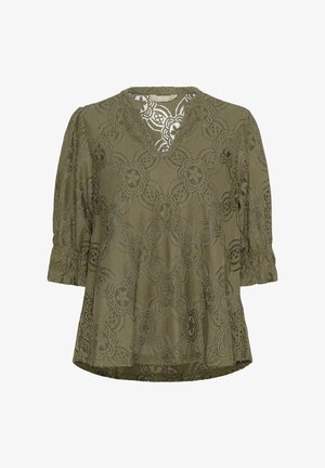 Olivegroene kanten blouse met pofmouwen, V-hals, ingewikkeld bloemmotief en gegolfde zoom. Lichtgewicht, gestructureerde stof.