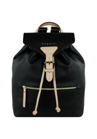 Zaino in pelle nera testurizzata con chiusura a cordoncino, dettagli beige, una tasca frontale con zip e un logo nella parte superiore.
