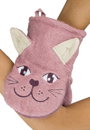 Baumwollene, pinke Ofenhandschuh in Katzengestalt mit Ohren, gestickter Nase und Augen, strukturiertem Material und Aufhängeschlaufe.
