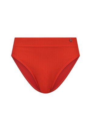 Rode geribbelde bikini onderkant met een middelhoge snit. Kenmerkt een gladde tailleband en een subtiele logo-accent aan de zijkant.