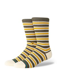 Gestreifte Socken in Olivgrün, Weiß und Gelb; gerippter Bund; cremefarbene Zehen- und Fersenakzente; mit einem kleinen Logodetail an der Seite.