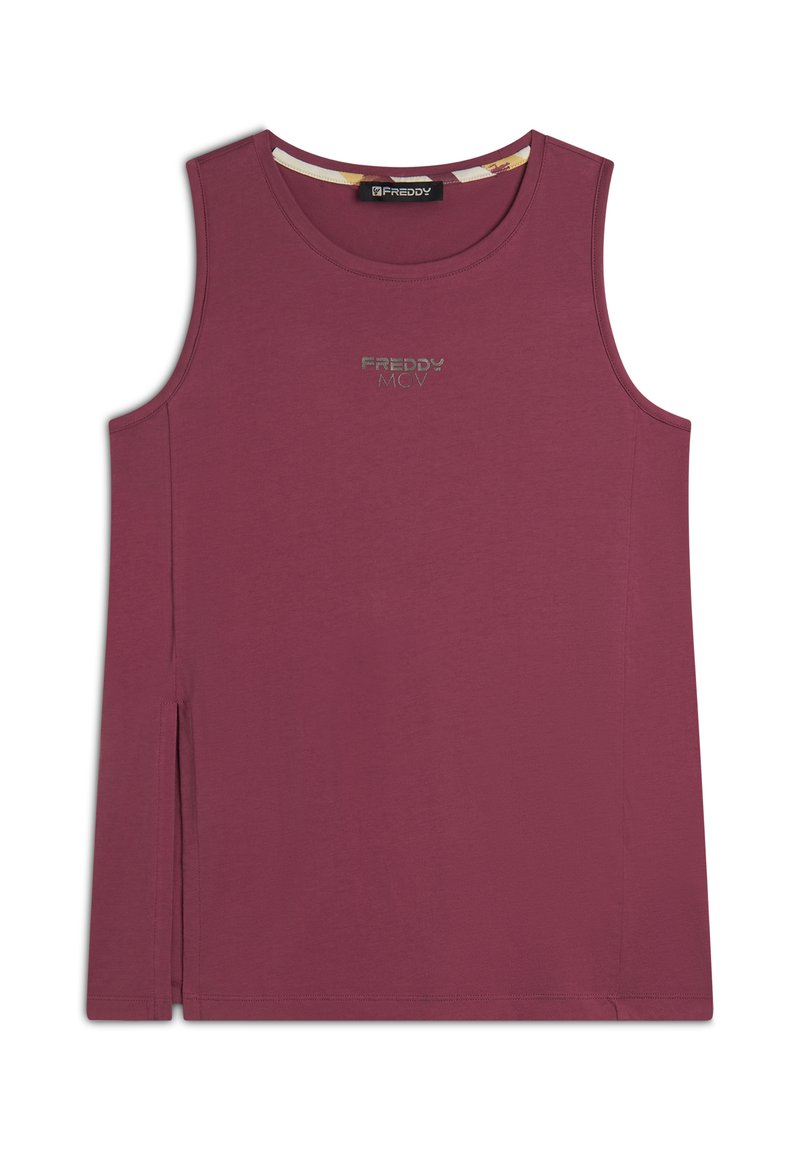 Top senza maniche color bordeaux in misto cotone, con scollo tondo, fessure laterali e logo argento "FREDDY" sul davanti.