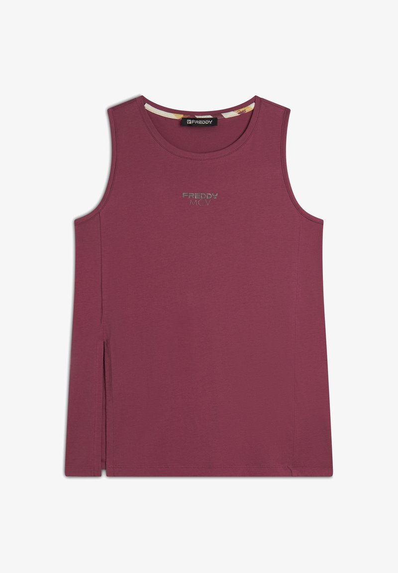 Top senza maniche color bordeaux in misto cotone, con scollo tondo, fessure laterali e logo argento "FREDDY" sul davanti.