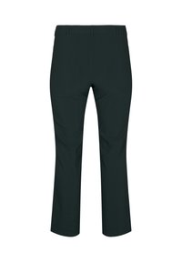 Dunkelgrüne Cropped-Hosen mit glatter Textur, ausgestattet mit einem flachen Bund und zwei Gesäßtaschen. Das Design ist schlicht und tailliert.