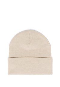 Beige strikket hue med en rund top og foldet kant. Fremstillet af blødt stof med en glat, ensartet tekstur. Ingen yderligere udsmykninger.