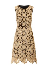 Spitzenkleid mit aufwendigen floralen Ausschnitten in Beige über einem schwarzen Futter, mit ärmellosem Design und gezacktem Saum.