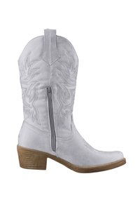 Botas occidentales de ante blanco con patrones de hojas bordados, cremallera lateral y un tacón apilado medio. Textura suave con un diseño de puntera puntiaguda.