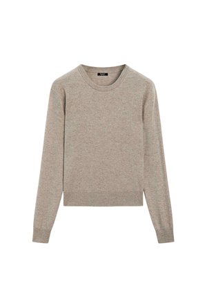Jasnobeżowy sweter z okrągłym dekoltem wykonany z miękkiej dzianiny. Posiada długie rękawy i ściągacze, ma luźny krój i minimalny design.