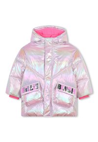 Doudoune irisée avec capuche, dotée d'une doublure rose, de deux poches avant avec des patches décoratifs et de poignets élastiques.