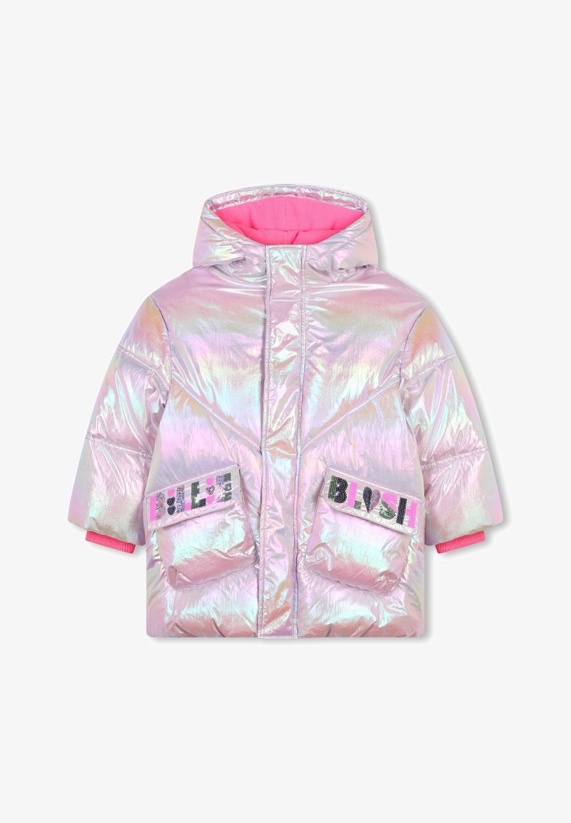 Doudoune irisée avec capuche, dotée d'une doublure rose, de deux poches avant avec des patches décoratifs et de poignets élastiques.