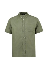 Camicia a maniche corte in lino verde oliva, con colletto a camicia, taschino frontale e bottoni bianchi lungo la pattina.