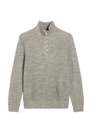 Pullover lavorato a maglia grigio chiaro con colletto alto, zip frontale a un quarto e texture a coste. Presenta maniche lunghe e una vestibilità relax.
