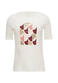 Weißes T-Shirt mit kurzen Ärmeln, das mit einem geometrischen Grafikdruck in den Farbtönen Burgunder, Rosa und Gold versehen ist. Rundhalsausschnitt, weiches Material.