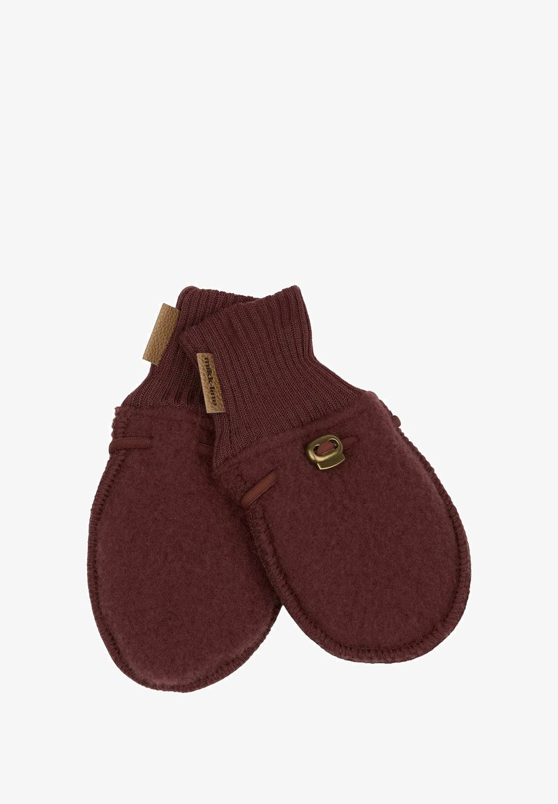 Muffole in lana bordeaux con polsino a coste, dettagli cuciti e anello decorativo in metallo. Texture morbida con una forma arrotondata classica.