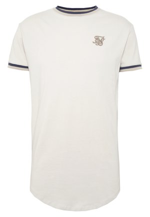 T-shirt blanc à manches courtes avec bordure bleu marine et beige sur le col et les manches, arborant un petit logo monogramme beige sur la poitrine gauche.
