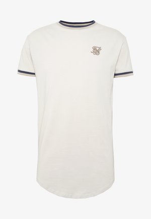 Weißes T-Shirt mit kurzen Ärmeln und marineblauen sowie beigen Abschlüssen an Kragen und Ärmeln, mit einem kleinen beigen Monogramm-Logo auf der linken Brust.