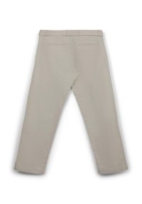 Pantaloni beige con taglio dritto, due tasche posteriori e una texture del tessuto liscia. Presentano una vita con passanti per cintura.
