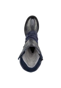 Tall black leather boot with a navy fabric cuff. Interior lined with white faux fur. Zipper detail on the side. Smooth and textured surfaces.