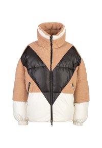 Pufferjack met een hoge kraag, kleurblokontwerp met bruin, zwart en witte secties, een gestructureerde fleece en ritszakken.