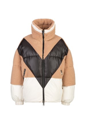 Pufferjack met een hoge kraag, kleurblokontwerp met bruin, zwart en witte secties, een gestructureerde fleece en ritszakken.