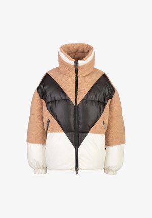 Pufferjack met een hoge kraag, kleurblokontwerp met bruin, zwart en witte secties, een gestructureerde fleece en ritszakken.