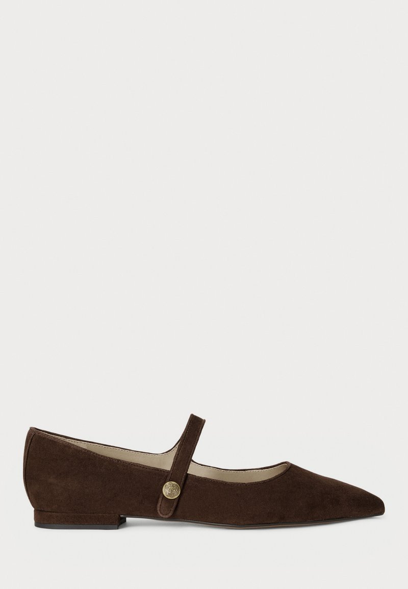 Brown suede flat shoe with a pointed toe, single strap across the instep, and a gold-toned circular button accent. Low heel design.