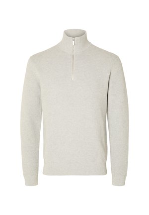 Ljusgrå zip-neck-tröja i texturerad stickad tyg. Har långa ärmar och ribbade muddar och fåll för en figurnära passform.
