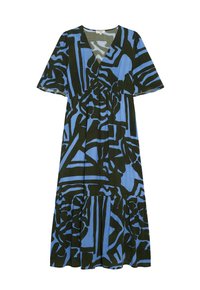 Robe maxi avec un motif abstrait bleu et noir. Décolleté en V, manches courtes, taille cintrée, jupe à niveaux. Tissu léger, style décontracté.