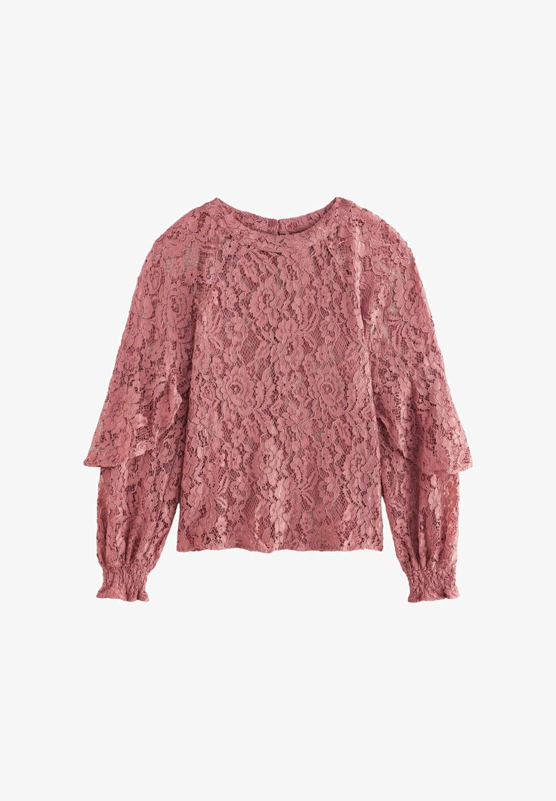 Blusa in pizzo rosa polveroso con maniche lunghe a sbuffo e scollatura rotonda. Presenta motivi floreali e polsini elasticizzati. Tessuto morbido e strutturato.