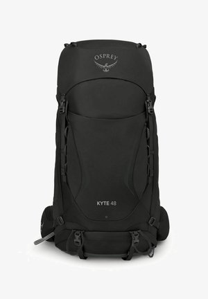 Black Osprey Kyte 48 wandelrugzak met meerdere riemen, gespen en een gevoerd achterpaneel voor ondersteuning en comfort.