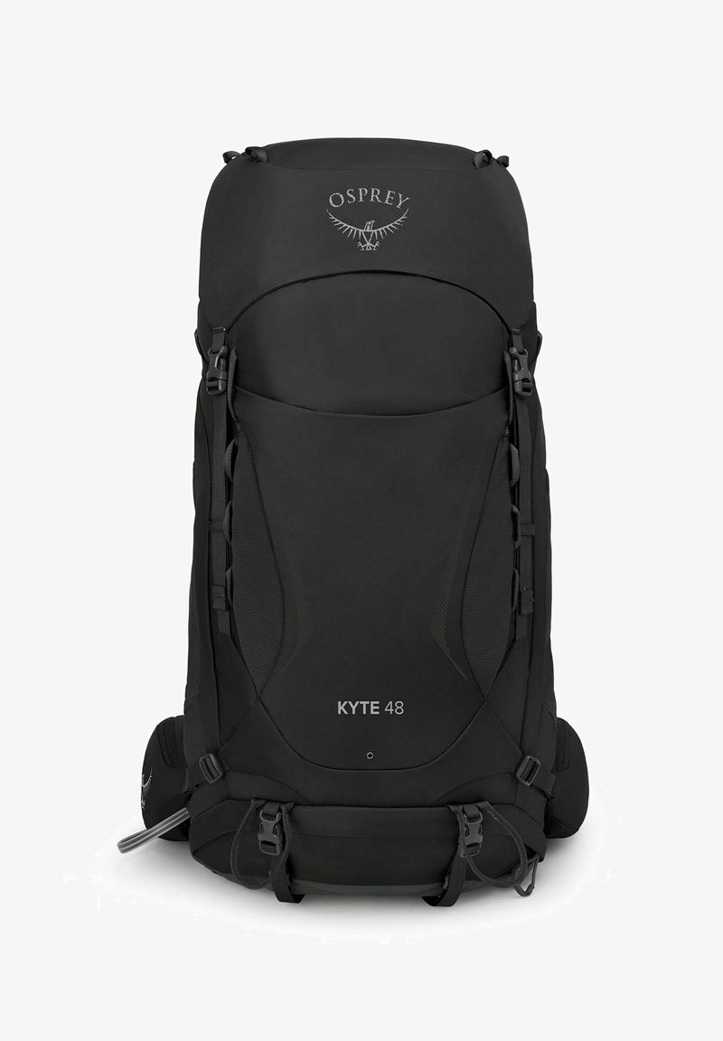 Sac à dos de randonnée Black Osprey Kyte 48 avec plusieurs sangles, boucles et panneau dorsal rembourré pour soutien et confort.