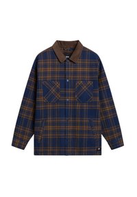 Mörkblå och brun rutmönstrad knäppjacka med krage av brunt kordflorsmaterial, två bröstfickor och sidofickor för händerna.