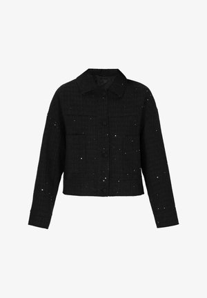 Sort cropped jakke lavet af tekstureret stof med et ternet mønster, der har subtile glitrende detaljer og en klassisk knaplukning foran.