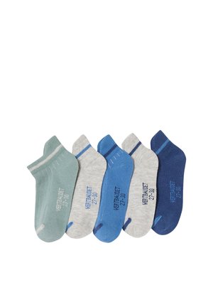 Five pairs of ankle socks in green, light gray, blue, light gray, and dark blue with stripes along the top edge, arranged side by side.