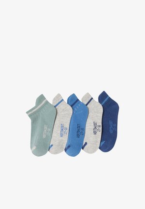 Five pairs of ankle socks in green, light gray, blue, light gray, and dark blue with stripes along the top edge, arranged side by side.