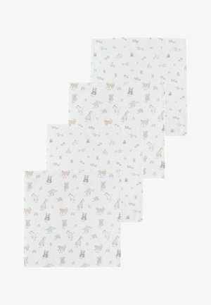 Quattro coperte bianche per neonati con stampe di animali in colori pastello, tra cui giraffe, elefanti, orsi, tartarughe e arcobaleni in un motivo ripetuto.