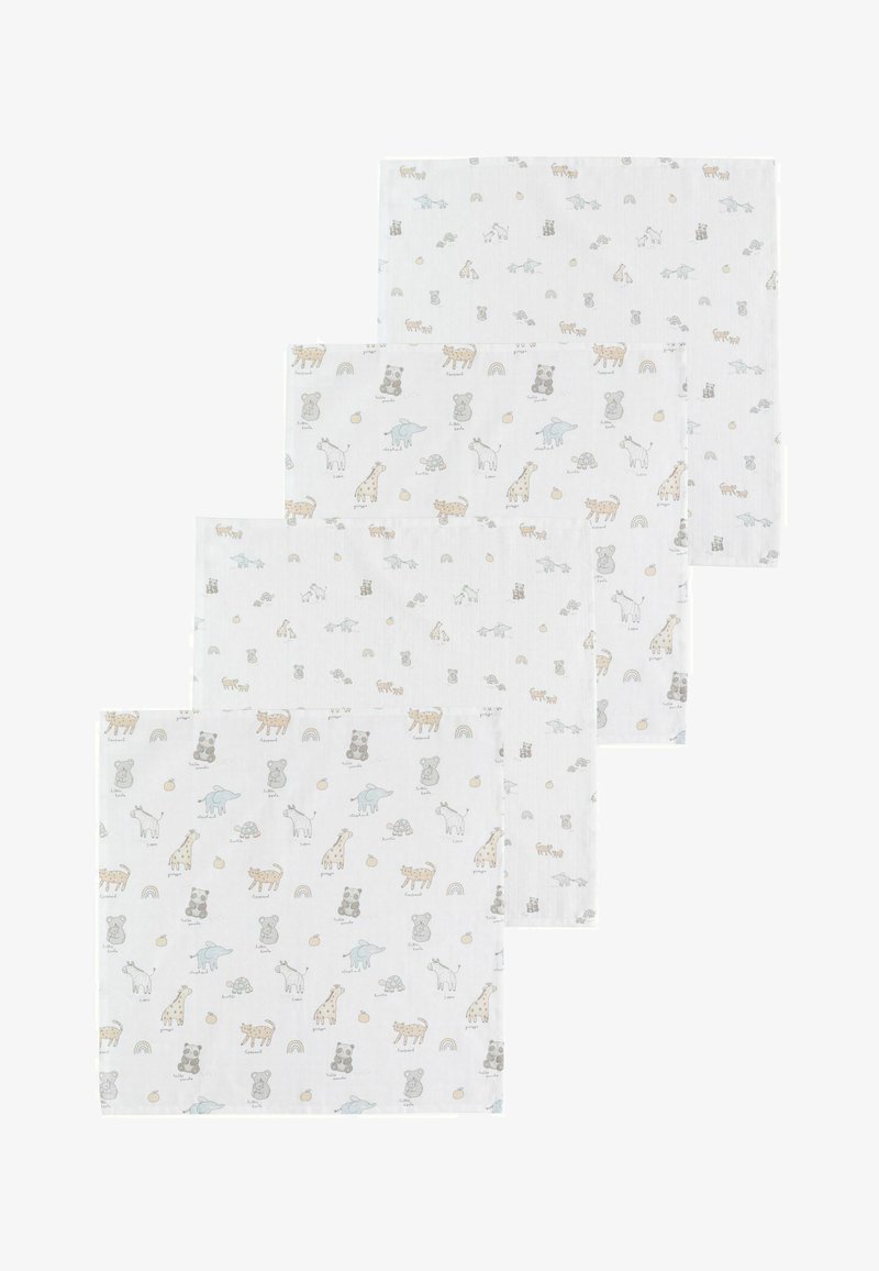 Cuatro mantitas blancas para bebés con estampados en colores pastel de animales, incluyendo jirafas, elefantes, osos, tortugas y arcoíris, en un patrón repetitivo.