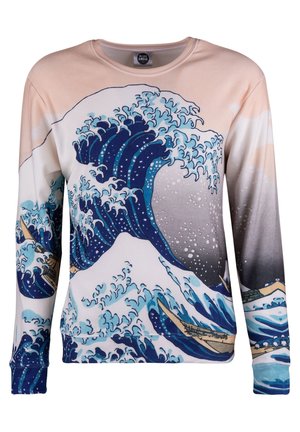 Felpa a maniche lunghe con un design a onde in tonalità di blu e crema, realizzata in tessuto morbido con una vestibilità comoda e scollatura rotonda.