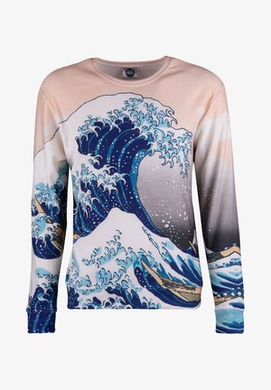 Langærmet sweatshirt med et bølgedesign i nuancer af blå og creme, lavet af blødt stof med en afslappet pasform og rund halsudskæring.