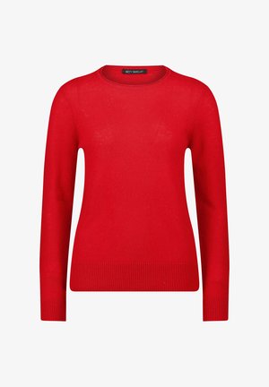 Roter gestrickter Pullover mit langen Ärmeln, rundem Ausschnitt und geripptem Saum. Glatte Textur, einfaches Design, ohne Muster oder Verzierungen.