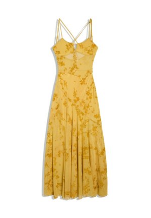 Gelbes Maxikleid mit dünnen, überkreuzten Trägern, einem Ausschnitt in Schlüssellochform an der Brust und einem fließenden, mehrlagigen Rock.