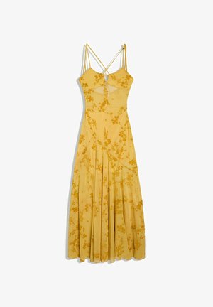 Gelbes Maxikleid mit dünnen, überkreuzten Trägern, einem Ausschnitt in Schlüssellochform an der Brust und einem fließenden, mehrlagigen Rock.