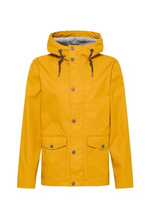 Gelbe wasserdichte Jacke mit Kapuze, zwei Fronttaschen, silbernen Druckknöpfen und verstellbarem Kordelzug am Hals. Glatte Textur.