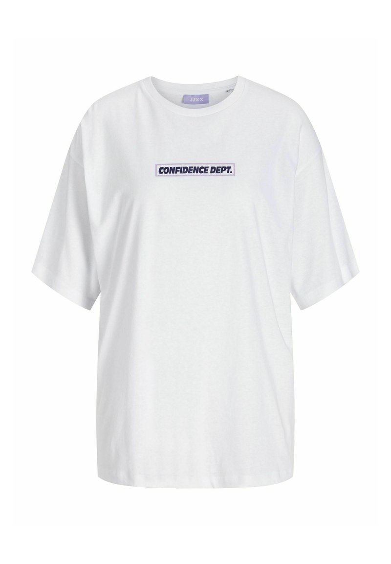 T-shirt blanc à manches courtes avec un graphique rectangulaire violet portant l'inscription "CONFIDENCE DEPT." Tissu en coton doux avec une coupe décontractée.