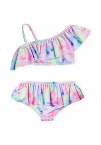 Set bikini a spalla unita in colori pastello tie-dye con dettagli arricciati su sopra e sotto. Realizzato in materiale elastico per costumi da bagno.