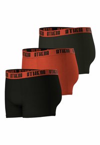 Trois paires de boxers en noir et orange foncé, avec des ceintures élastiques arborant la marque "ATHENA". Tissu doux et design ajusté.